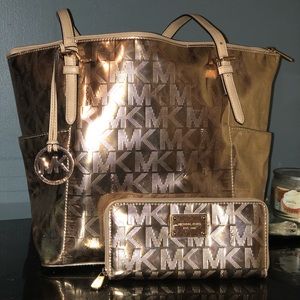 Metallic Rose gold Michael Kors bag and wallet